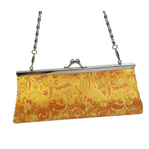 VTG Small Gold Evening Bag Purse Clamshell Clutch Paisley Tapestry Prom Date
